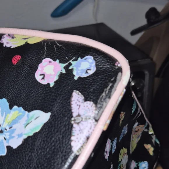 Betsey Johnson Black Floral Satchel with Pink Handles & Bow - Picture 6 of 9